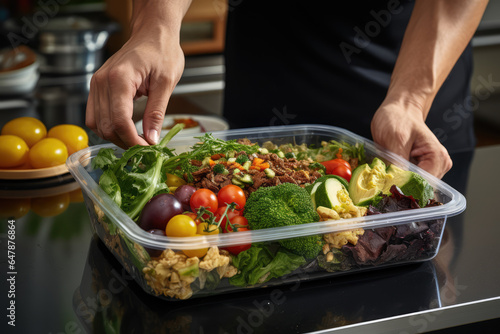 A close-up of a person's hand packing a healthy lunch in a reusable container, promoting sustainable and eco-friendly habits. Generative Ai.
