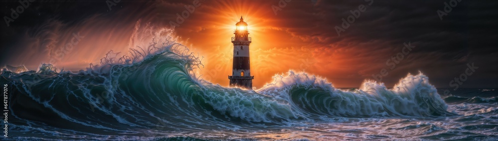background for dual monitors, ocean sunset with stormy sea, waves, foam, and lighthouse