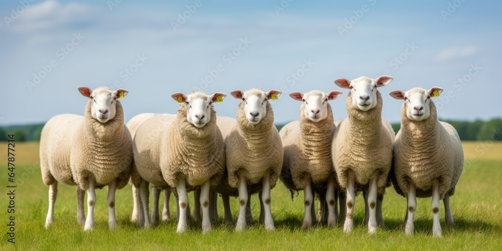 Group Of Sheeps Standing Next To Each Other On A Field. Generative AI Group Of Sheeps Standing Next To Each Other On A Field. Generative AI