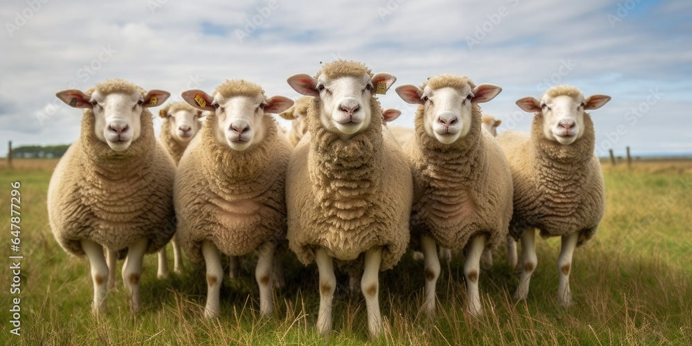 Fototapeta premium Group Of Sheeps Standing Next To Each Other On A Field. Generative AI