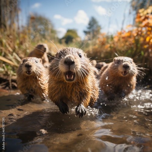 Cute funny Beaver group running and playing on green grass in autum © Mstluna
