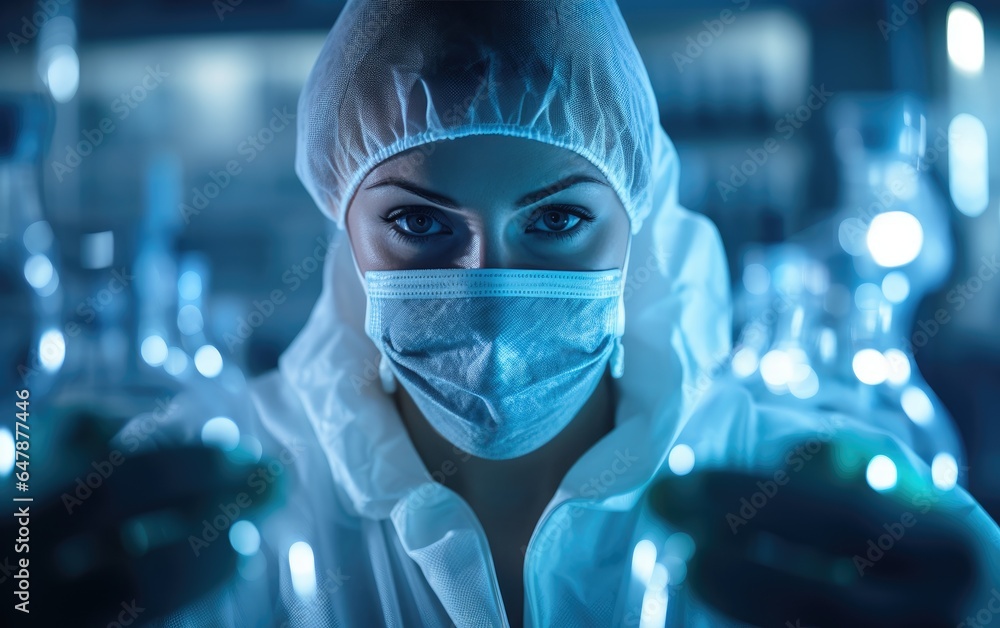 Scientist in a lab wearing mask conducting experiments. Generative AI Scientist in a lab wearing mask conducting experiments. Generative AI