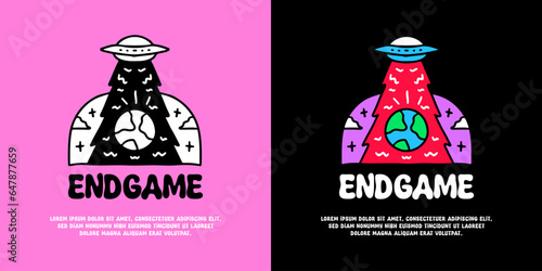 Spaceship invasion earth planet endgame typography, illustration for logo, t-shirt, sticker, or apparel merchandise. With doodle, retro, groovy, and cartoon style.