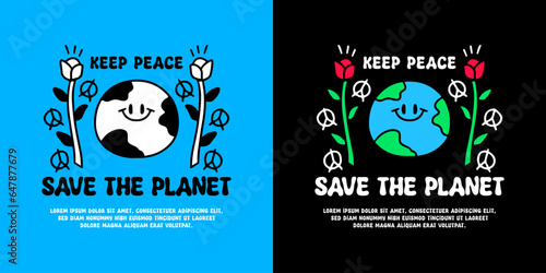 Funny earth planet and roses flower with save the planet typography, illustration for logo, t-shirt, sticker, or apparel merchandise. With doodle, retro, groovy, and cartoon style.