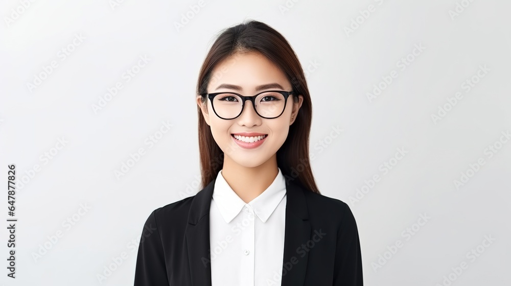 portrait of an asian business woman with glasses isolated on white background