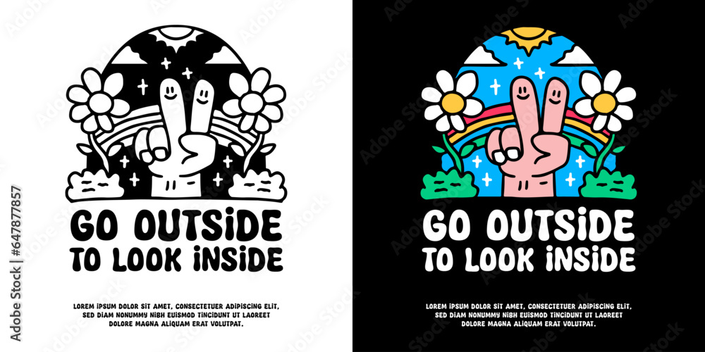 Peace hand and beauty nature landscape with go outside to look inside typography, illustration for logo, t-shirt, sticker, or apparel merchandise. With doodle, retro, groovy, and cartoon style. Peace hand and beauty nature landscape with go outside to look inside typography, illustration for logo, t-shirt, sticker, or apparel merchandise. With doodle, retro, groovy, and cartoon style.