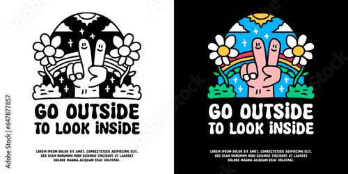 Wallpaper Mural Peace hand and beauty nature landscape with go outside to look inside typography, illustration for logo, t-shirt, sticker, or apparel merchandise. With doodle, retro, groovy, and cartoon style. Torontodigital.ca