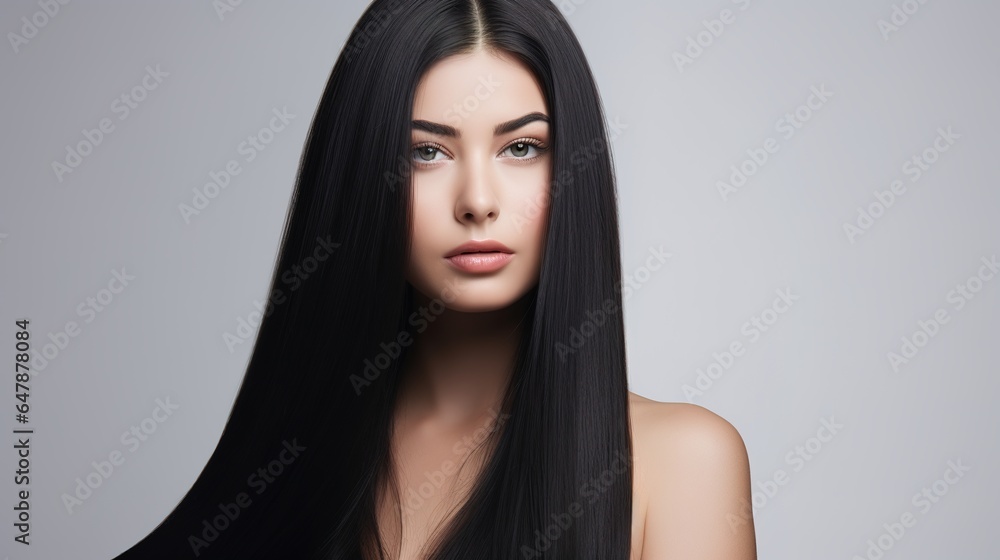 Fototapeta premium Beautiful long hair, a beautiful woman with straight on a gray background