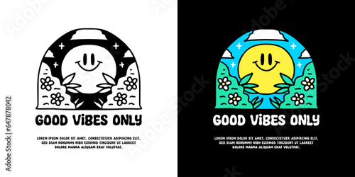 Smiling emoticon in beauty nature with good vibes only typography, illustration for logo, t-shirt, sticker, or apparel merchandise. With doodle, retro, groovy, and cartoon style. photo