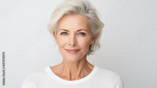 Close up portrait of beautiful senior woman smiling. beauty skincare. on white background. generative a