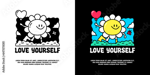 Cute sunflower holding love balloon with love yourself typography, illustration for logo, t-shirt, sticker, or apparel merchandise. With doodle, retro, groovy, and cartoon style.