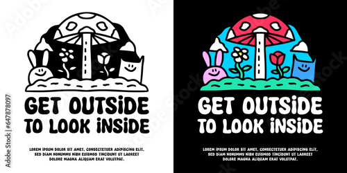 Cute plants and animals with get outside to look inside typography, illustration for logo, t-shirt, sticker, or apparel merchandise. With doodle, retro, groovy, and cartoon style.