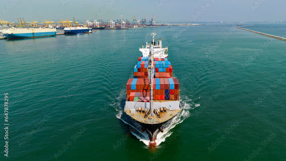 cargo logistic container ship sailing in sea to import export goods and distributing products to dealer and consumers worldwide, by container ship Transport, commercial port background,