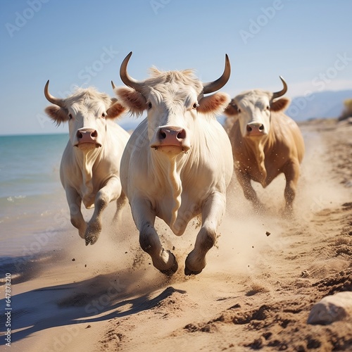 Cute funny Bull group running and playing on beach in autum