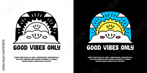 Cute sun behind the cloud with good vibes only typography, illustration for logo, t-shirt, sticker, or apparel merchandise. With doodle, retro, groovy, and cartoon style.