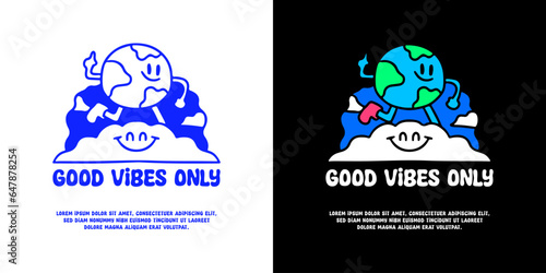 Earth planet character running on the cloud with good vibes only typography, illustration for logo, t-shirt, sticker, or apparel merchandise. With doodle, retro, groovy, and cartoon style.