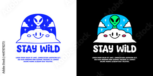 Alien behind cute cloud with stay wild typography, illustration for logo, t-shirt, sticker, or apparel merchandise. With doodle, retro, groovy, and cartoon style.