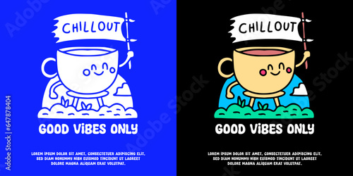 Cute cup of coffee mascot running and holding flag with good vibes only typography, illustration for logo, t-shirt, sticker, or apparel merchandise. With doodle, retro, groovy, and cartoon style.