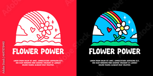 Lovely sunflower and rainbow with flower power typography, illustration for logo, t-shirt, sticker, or apparel merchandise. With doodle, retro, groovy, and cartoon style.
