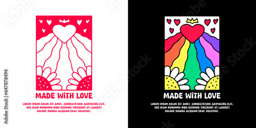 Love, rainbow, and sunflower with made with love typography, illustration for logo, t-shirt, sticker, or apparel merchandise. With doodle, retro, groovy, and cartoon style.