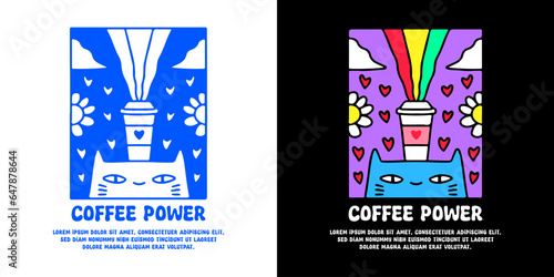 Funny cat and cup of coffee with coffee power typography, illustration for logo, t-shirt, sticker, or apparel merchandise. With doodle, retro, groovy, and cartoon style.