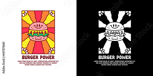 Funny burger in groovy background with burger power typography, illustration for logo, t-shirt, sticker, or apparel merchandise. With doodle, retro, groovy, and cartoon style.