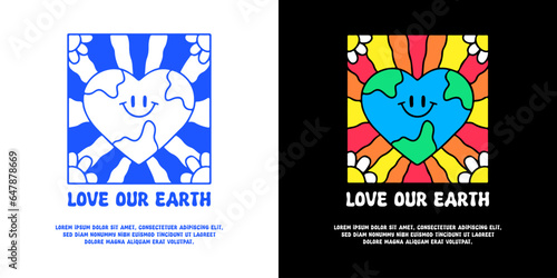Cute earth planet and groovy background with love our earth typography, illustration for logo, t-shirt, sticker, or apparel merchandise. With doodle, retro, groovy, and cartoon style.