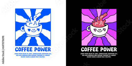 Cute cup of coffee mascot in groovy background with coffee power typography, illustration for logo, t-shirt, sticker, or apparel merchandise. With doodle, retro, groovy, and cartoon style.