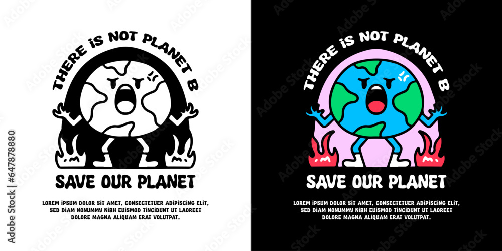 Obraz premium Angry earth planet mascot with save our planet typography, illustration for logo, t-shirt, sticker, or apparel merchandise. With doodle, retro, groovy, and cartoon style.