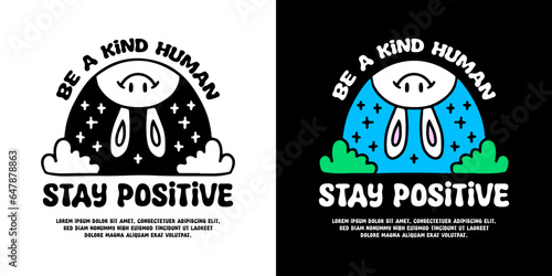 Funny rabbit with be a kind human typography, illustration for logo, t-shirt, sticker, or apparel merchandise. With doodle, retro, groovy, and cartoon style.