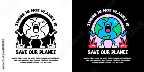 Angry earth planet mascot with save our planet typography, illustration for logo, t-shirt, sticker, or apparel merchandise. With doodle, retro, groovy, and cartoon style.