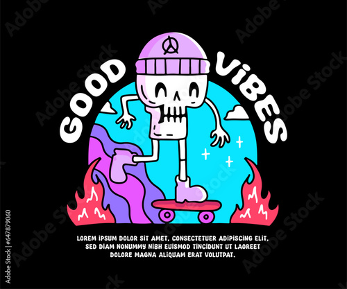 Hype skull playing skateboard with good vibes text, illustration for logo, t-shirt, sticker, or apparel merchandise. With doodle, retro, groovy, and cartoon style.