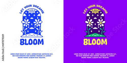 Sun and sunflowers landscape with let your dreams bloom typography, illustration for logo, t-shirt, sticker, or apparel merchandise. With doodle, retro, groovy, and cartoon style.