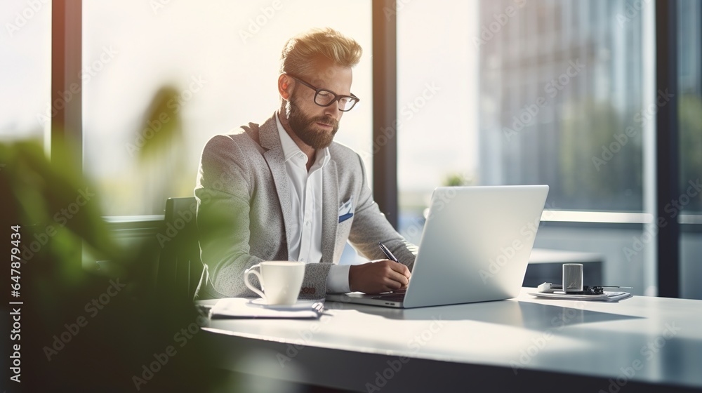 Fototapeta premium Businessman working on laptop computer on desk. generative ai