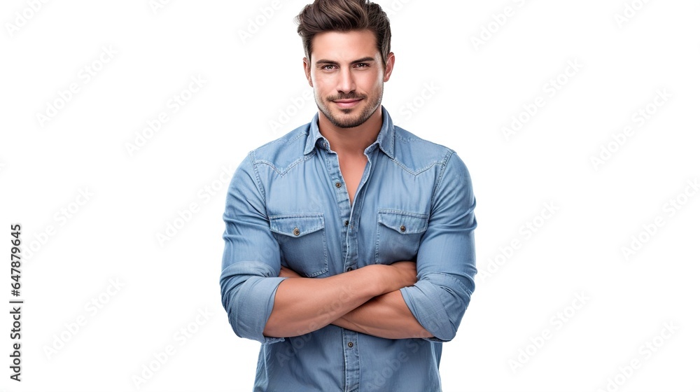 Confident young man looking camera standing with arm crossed. generative ai Confident young man looking camera standing with arm crossed. generative ai