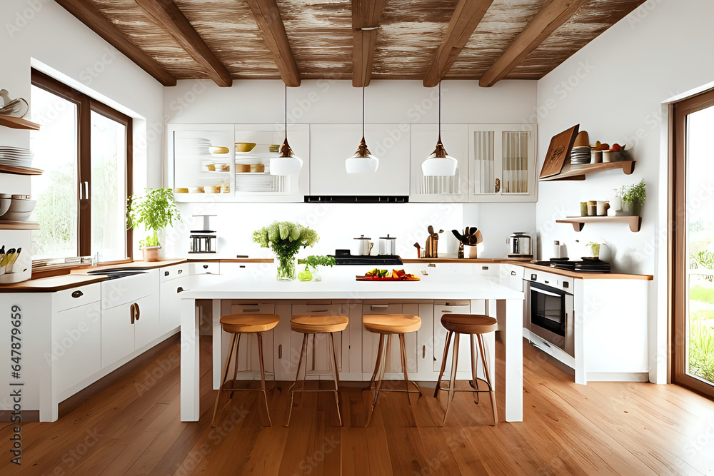 Interior of modern kitchen in vintage style with white wooden furniture and rustic detail. Bright indoors with window and wood. Modern kitchen interior. 3d rendering
