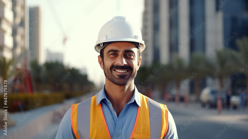 Male civil engineer or architect wears a safety helmet. On a construction site, an engineer. Look at the camera with a smile generative ai Male civil engineer or architect wears a safety helmet. On a construction site, an engineer. Look at the camera with a smile generative ai