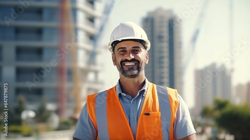 Civil engineer or architect wears a safety helmet. On a construction site, an engineer. Look at the camera with a smile generative ai