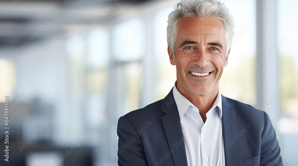 Businessman in modern office, face or arms crossed, with marketing innovation, advertising vision, or branding concepts. Portrait, cheerful or sad. generative ai Businessman in modern office, face or arms crossed, with marketing innovation, advertising vision, or branding concepts. Portrait, cheerful or sad. generative ai