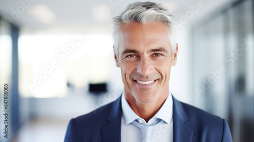 Businessman in modern office, face or arms crossed, with marketing innovation, advertising vision, or branding concepts. Portrait, cheerful or sad. generative ai