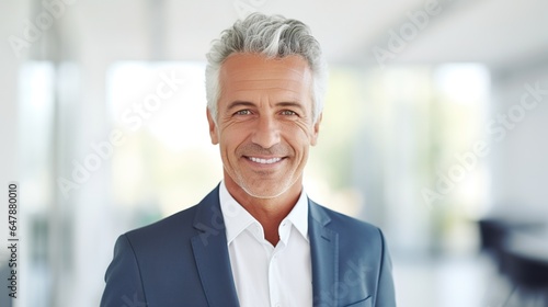 Businessman in modern office, face or arms crossed, with marketing innovation, advertising vision, or branding concepts. Portrait, cheerful or sad. generative ai