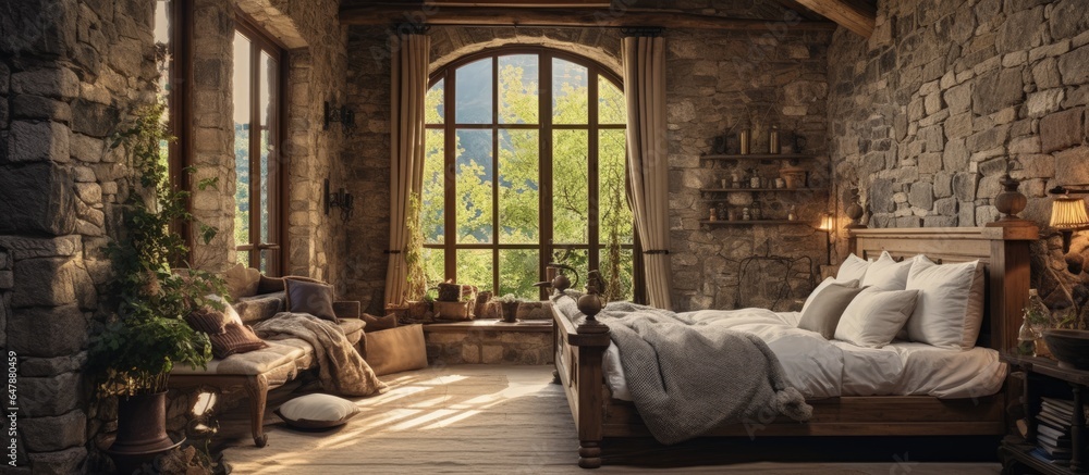Cozy rustic bedroom with wooden beams and stone walls in a Mediterranean style residence Cozy rustic bedroom with wooden beams and stone walls in a Mediterranean style residence