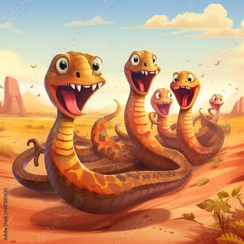 Cute funny Cobra group running and playing on desert in autum