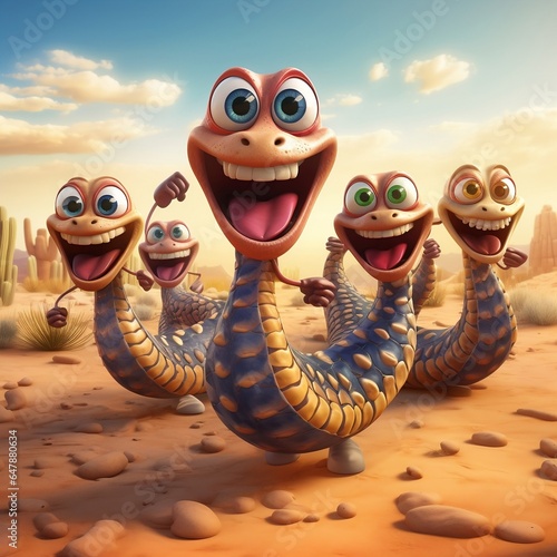 Cute funny Cobra group running and playing on desert in autum