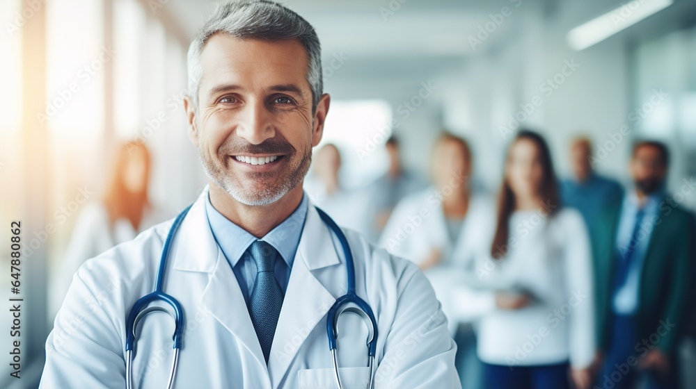 portrait of a smiling mature doctor in front of team in hospital. portrait of a smiling mature doctor in front of team in hospital.