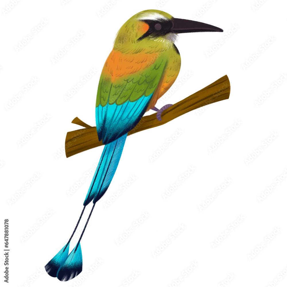 Ilustración de Ave Nacional de El Salvador Torogoz de espalda sobre una rama sin fondo Ilustración de Ave Nacional de El Salvador Torogoz de espalda sobre una rama sin fondo