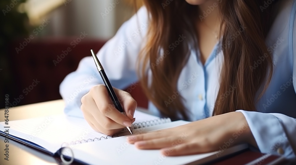 Closeup woman writing on a notebook on desk. generative ai Closeup woman writing on a notebook on desk. generative ai