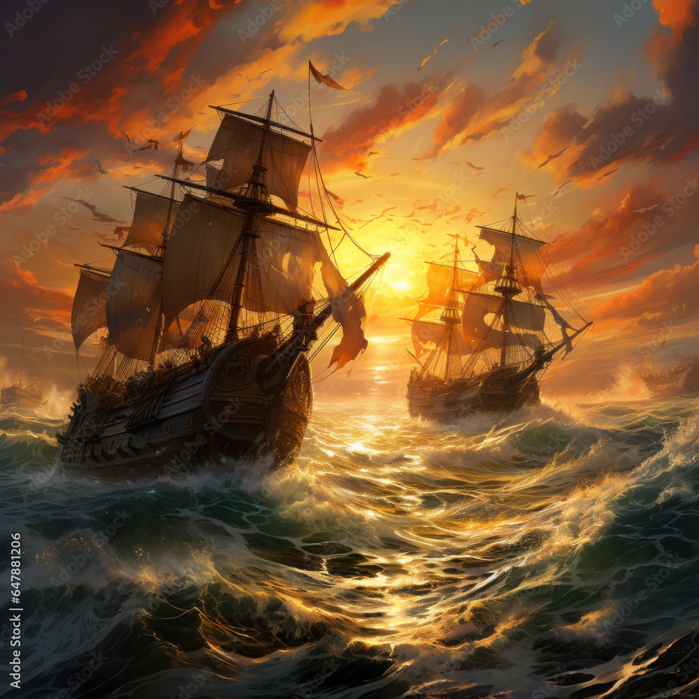 Obraz premium Pirate ship by the sunset