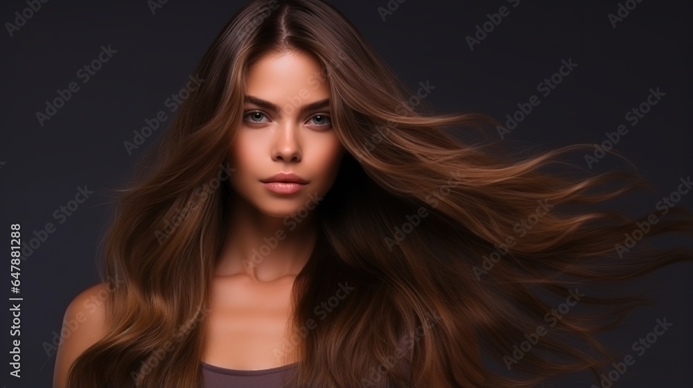 Long hair on a beautiful chic woman. Makeup and hair.Woman's hair is neatly groomed. The brunette hair covers half of the face. generative ai Long hair on a beautiful chic woman. Makeup and hair.Woman's hair is neatly groomed. The brunette hair covers half of the face. generative ai