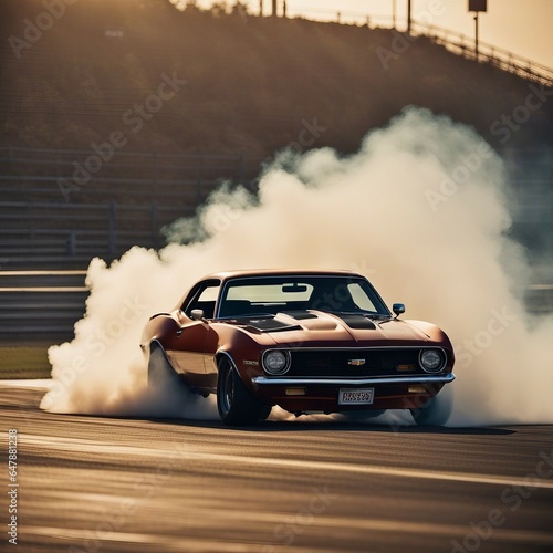 Classic Chevrolet Camaro doing a burnout on an empty racetrack, with billowing smoke and tire marks